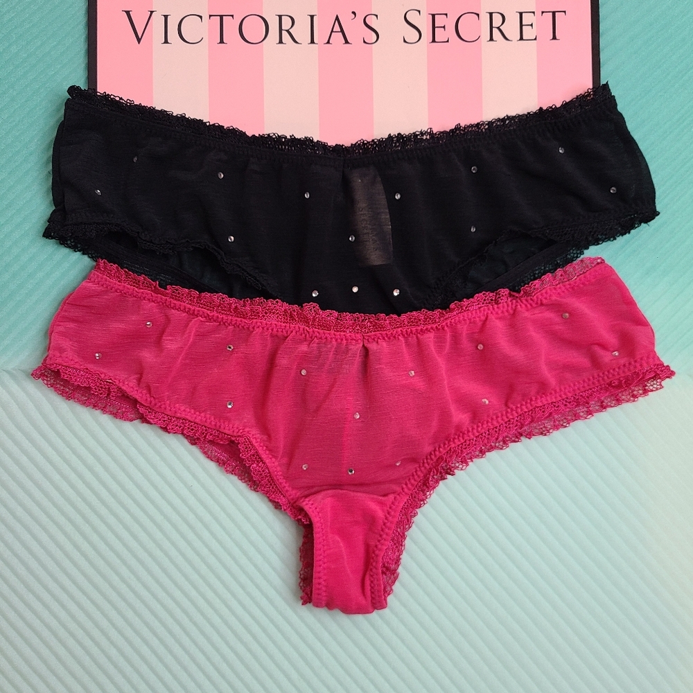 VTG VS Sexy Little Things 2pk Rhinestone Ruffle Mesh Cheeky Panties Size Sm